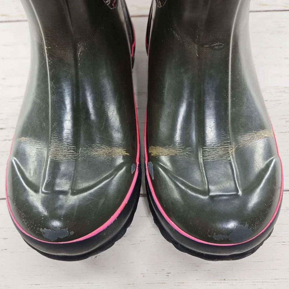 Bogs Boots Youth Size 3 Gray Pink Pansies Pull On Winter Rain Waterproof 72158
